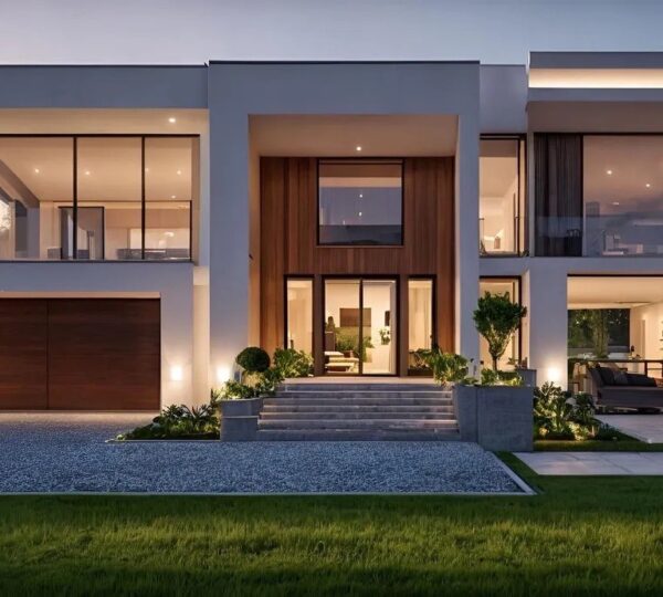 Modern two-story house with illuminated facade.